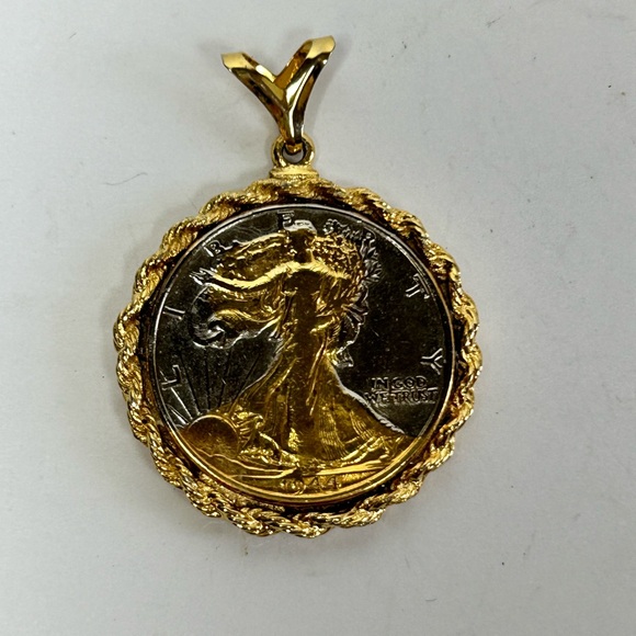 1944 Gold Gilded Plated Silver Walking Liberty Half Dollar Necklace Pendant - Picture 4 of 6